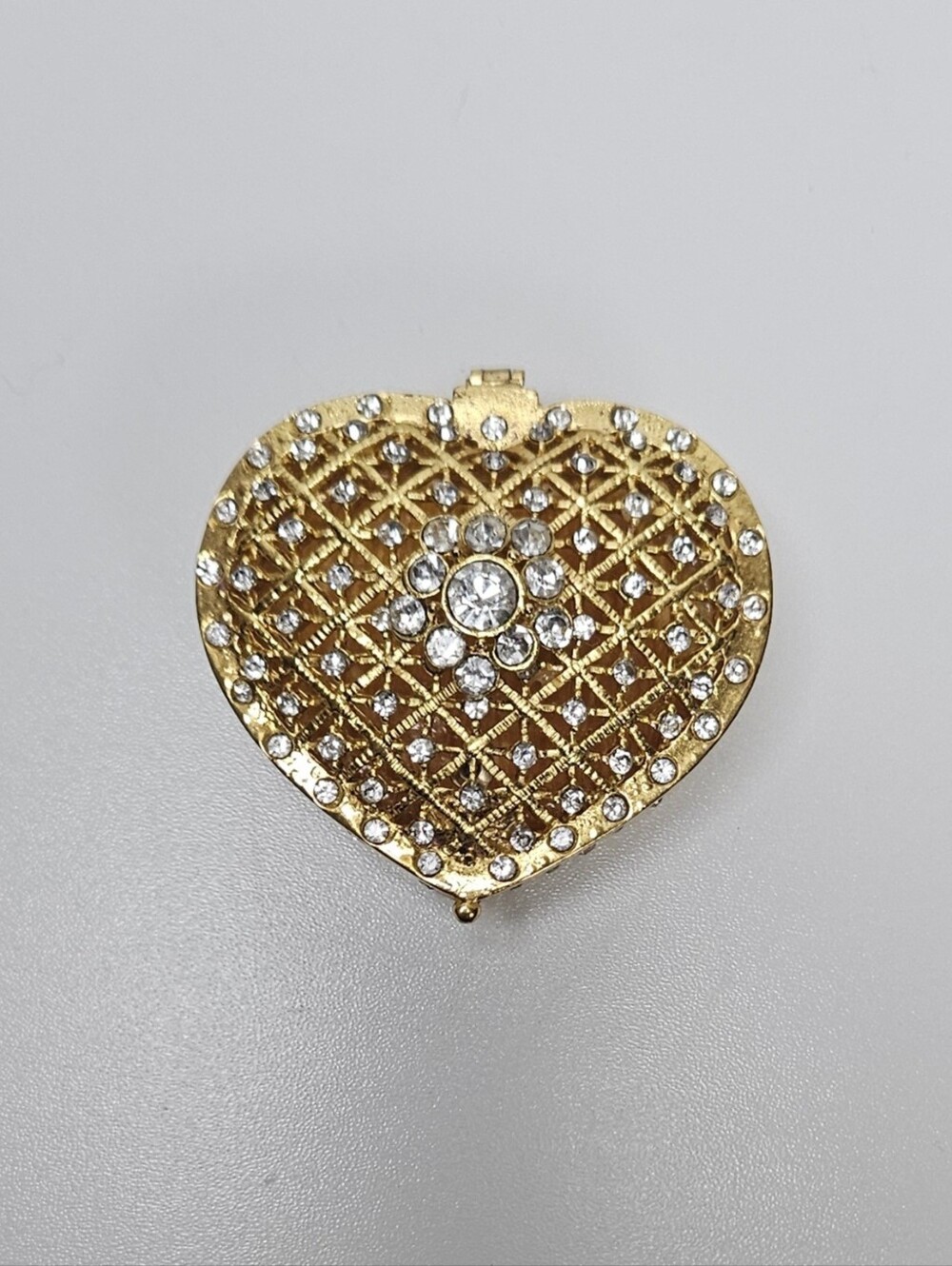 Gold Tone Rhinestone Heart Trinket Box Hinged Jewelry Ring Keepsake Box
